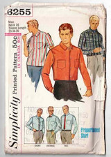 Mens Shirt Pattern Sleeve Options Simplicity 6255 Size Neck 16 CC 1960's Vintage