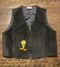 1996 Tweety Bird Looney Tunes Suede Leather Vest Y2K Biker Grunge Cartoon S/M