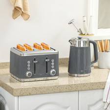 Kettle and Toaster Set Grey Silver Tone Stainless Steel 1.7L 4-Slice 28x27x19cm