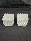 Pair of 2 Fenton Hobnail White Milk Glass Square Scalloped Edge Planter #3699