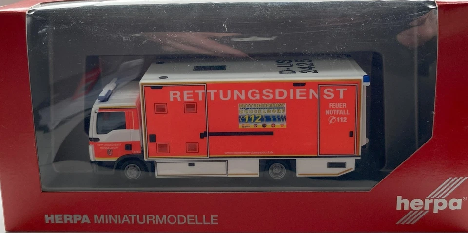 HERPA MAN TGL S/I-RTW RETTUNGSWAGEN LADEBORDWAND FEUERWEHR DÜSSELDORF D-US 2425