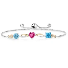 925 Silver and 10K Yellow Gold Swiss Blue Topaz and Pink Created Sapphire and