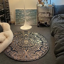 Mayan Tribal Round Area Mat - Large Black Golden Ancient Mayan Calendar Design