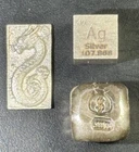 Lot of 3 Unique .999 Silver Pieces – Dragon Bar & Two Silver Cubes