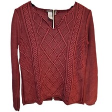Isabella Bird Womens Medium Red Cotton Cable Knit Long Sleeve Sweater