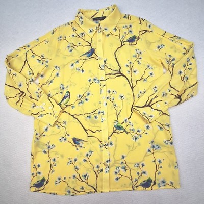 Dennis by Dennis Basso Blouse Womens Small Yellow Bird Floral Beaded Whimsical