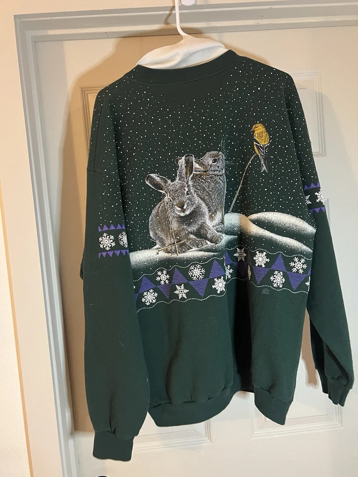 VTG Woman’s Sweatshirt Cotton Grove Designs Rabbits Bunny Bird Snow Winter XL - Image 4 of 4