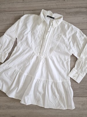 Zara White Pearl Button Long Sleeve Mini Smock Dress Size UK