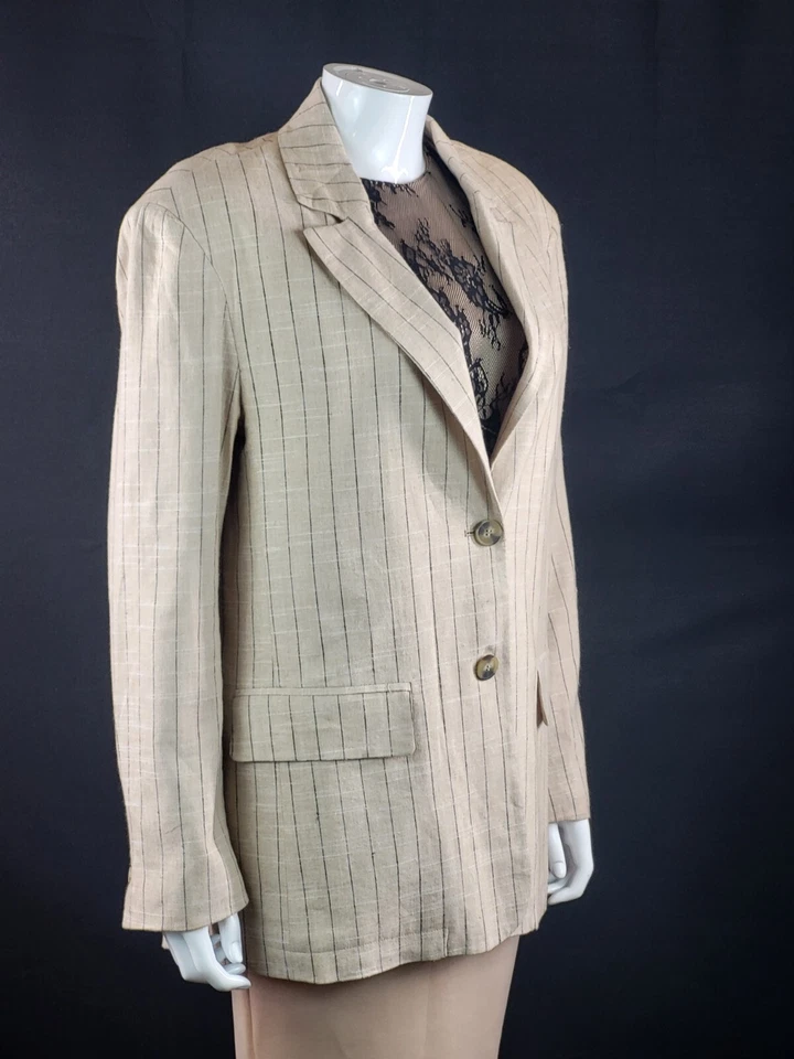 Zara Ladies Linen Mix Blazer Jacket Sand Striped Size Medium New With Tags - Image 4 of 4