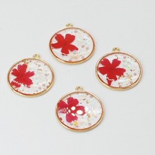 C 8PCS Gold Tone Dried Pressed Flower Resin Round 25mm Charm Pendant GYX2402