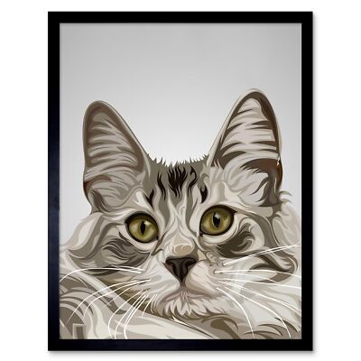 Katze Illustration grau 12 x 16 Zoll gerahmter Kunstdruck