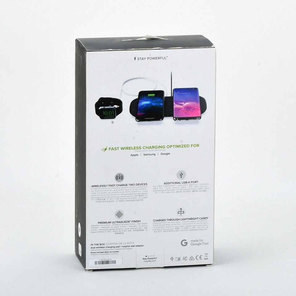 Cargador rápido Mophie 10W doble almohadilla de cargador inalámbrico para iPhone 12/13/14/15 AirPods Foto 3 de 4