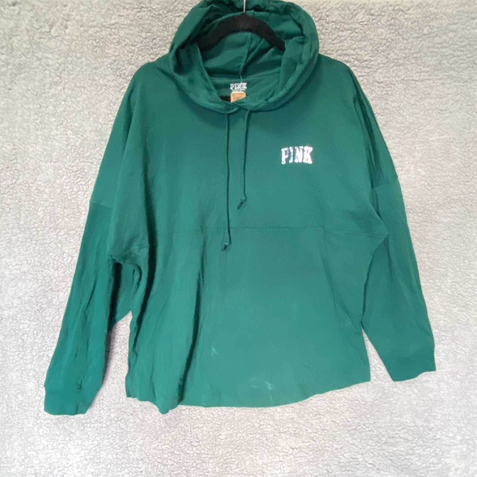 Victorias Secret PINK NEW Pull Over Hoodie Sweatshirt Green LOVE PINK Size L