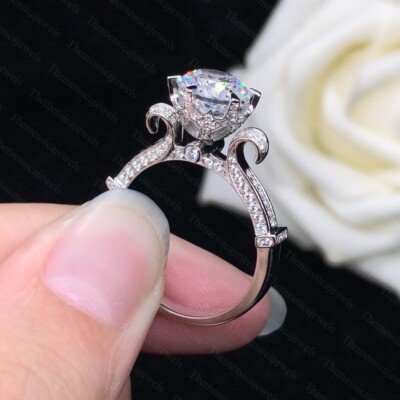 2.35TCW Round Cut Moissanite Prong Engagement Wedding Ring 14K White Gold Plated