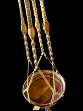 Vintage Jute Macrame Hanging Plant Wood Beads 55" Cottagecore Retro Granny USA