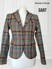 8 Gant Tweed, Wool Blazer Jacket Teal Beige Leather Elbows - Rare - Excellent