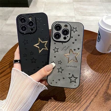 For iPhone 16 Pro Max Plus 15 14 13 12 11 Star Heart Pattern Leather Soft Case 