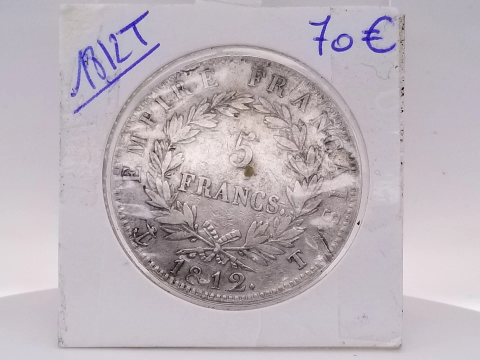 FRANCE 1812 5 FRANCS SILVER COIN. NAPOLLEON EMPIRE FRANCAIS - Image 2 of 2