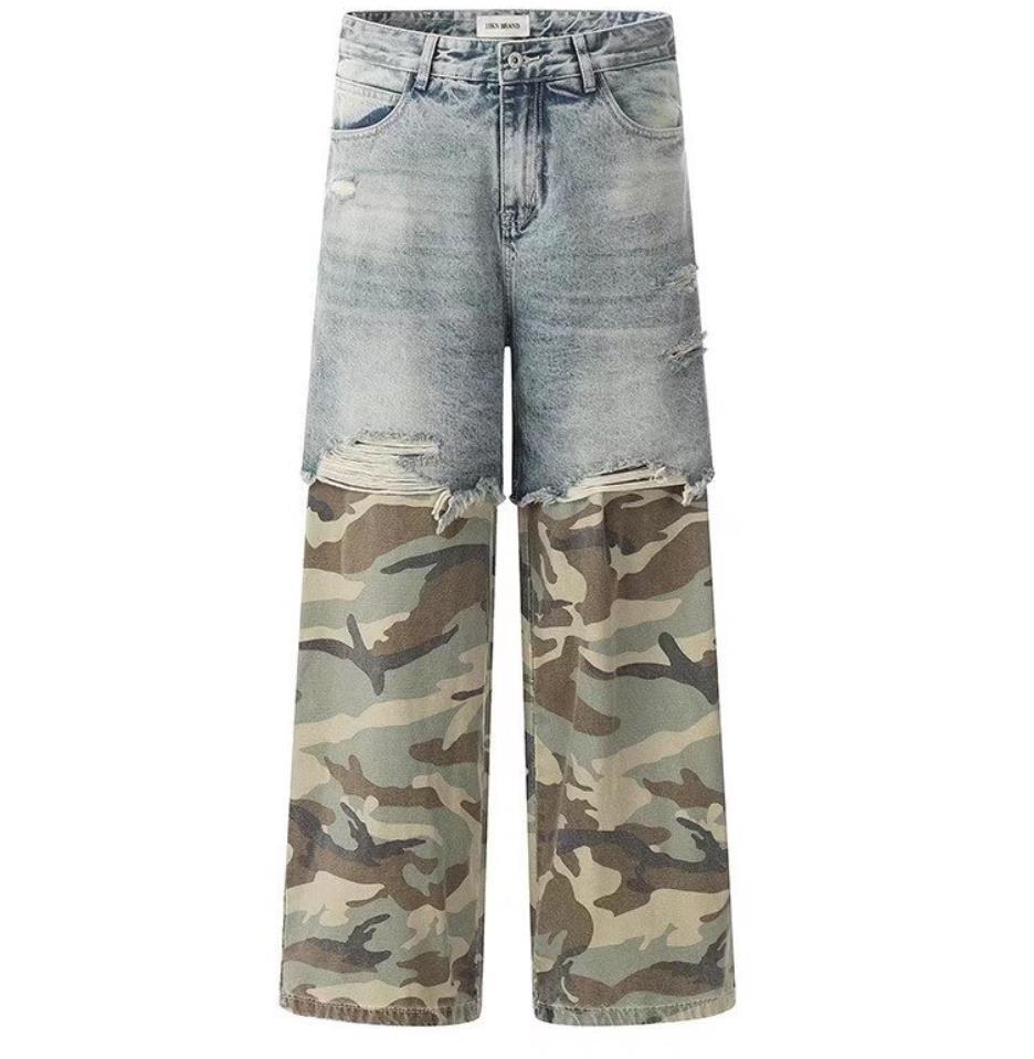 Men's Light Blue Denim Mix Green Camouflage Straight Leg