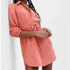 Gap Crinkle Gauze Mini Shirt Dress Sz Large Dusty Pink Beachy Boho Casual Summer