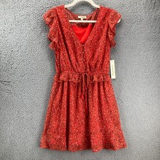 Fit & Flare Mini Dress S Ruffle Sleeve Elastic Waist Red Lined Flirty Colorful