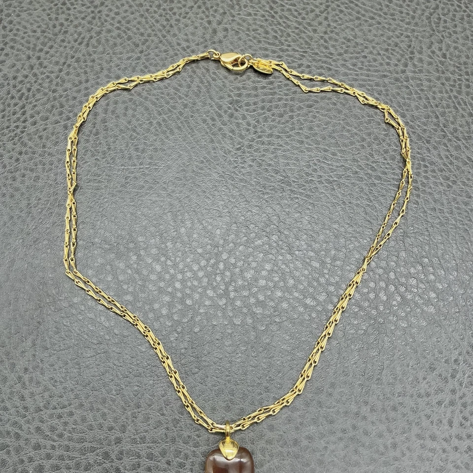 Collar de cadena doble tono dorado Liz Claiborne colgante marrón firmado LC 16 pulgadas Foto 4 de 4