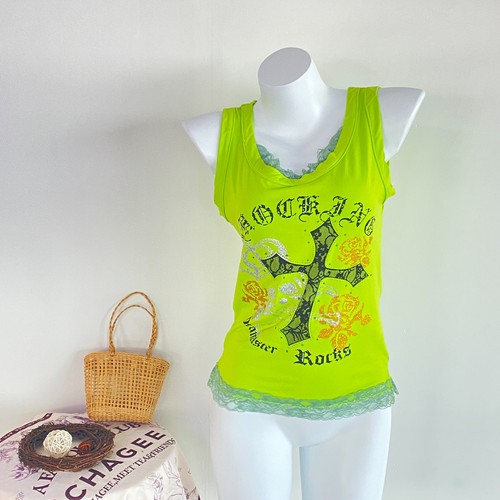 Neon Green Cross Print Lace Tank Top S/M Y2K Grunge Glitter Rose Top