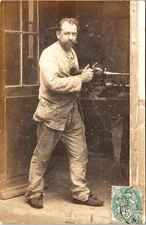 FRENCH WORKMAN WITH DRILL : INDUSTRIAL OCCUPATIONAL PHOTO POSTCARD c.1910s