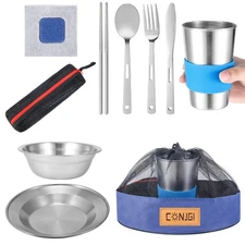 Outdoor Camping Mess Kit - 1 to 2 persons Dishes Includes Cups Bowls Knives