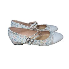C Paravano Tweed Ballet Flats White Cap Toe Buckle Strap Multi Color Women Shoes