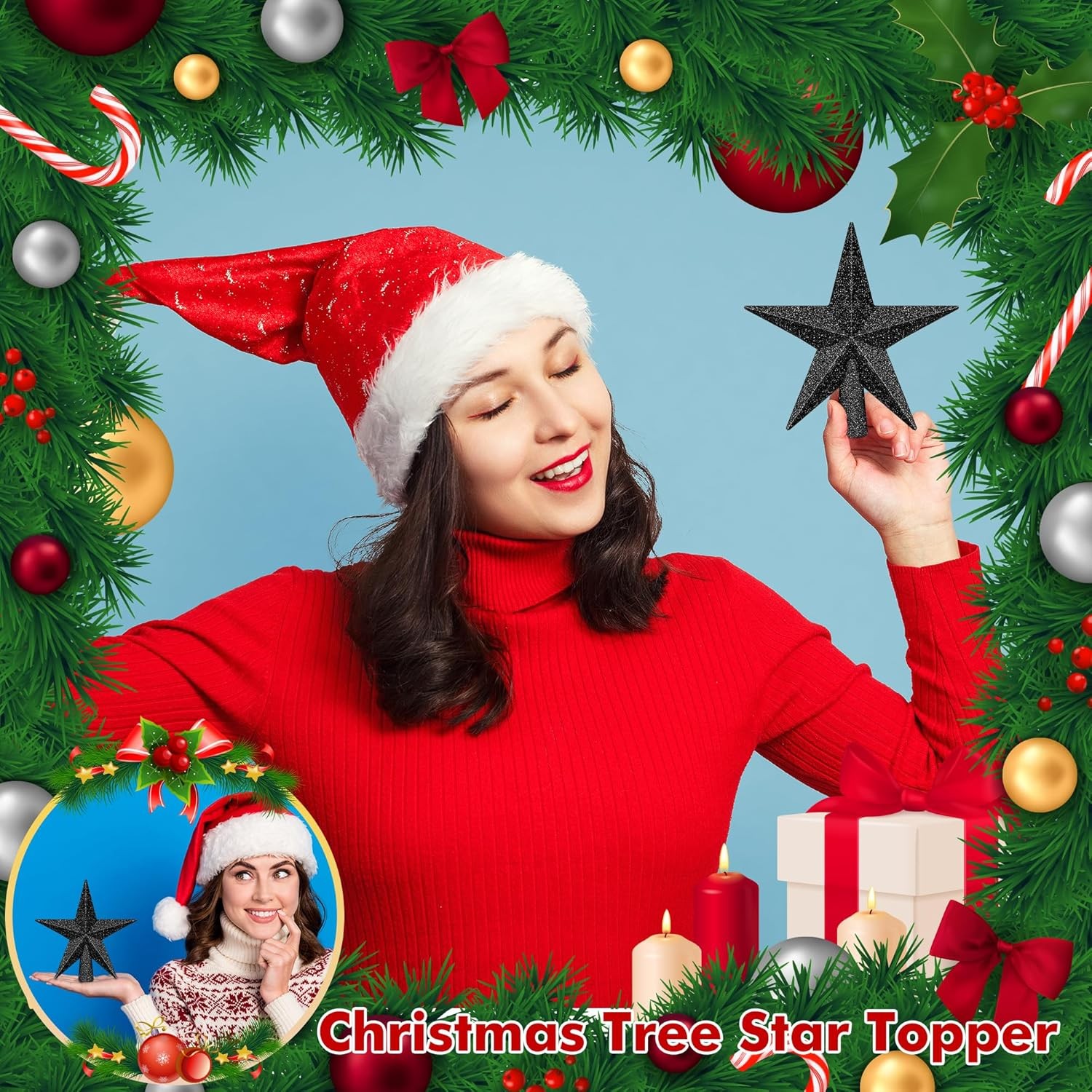 1PCS Christmas Star Tree Topper, 4" Black Christmas Tree Topper Decorations, 3D 