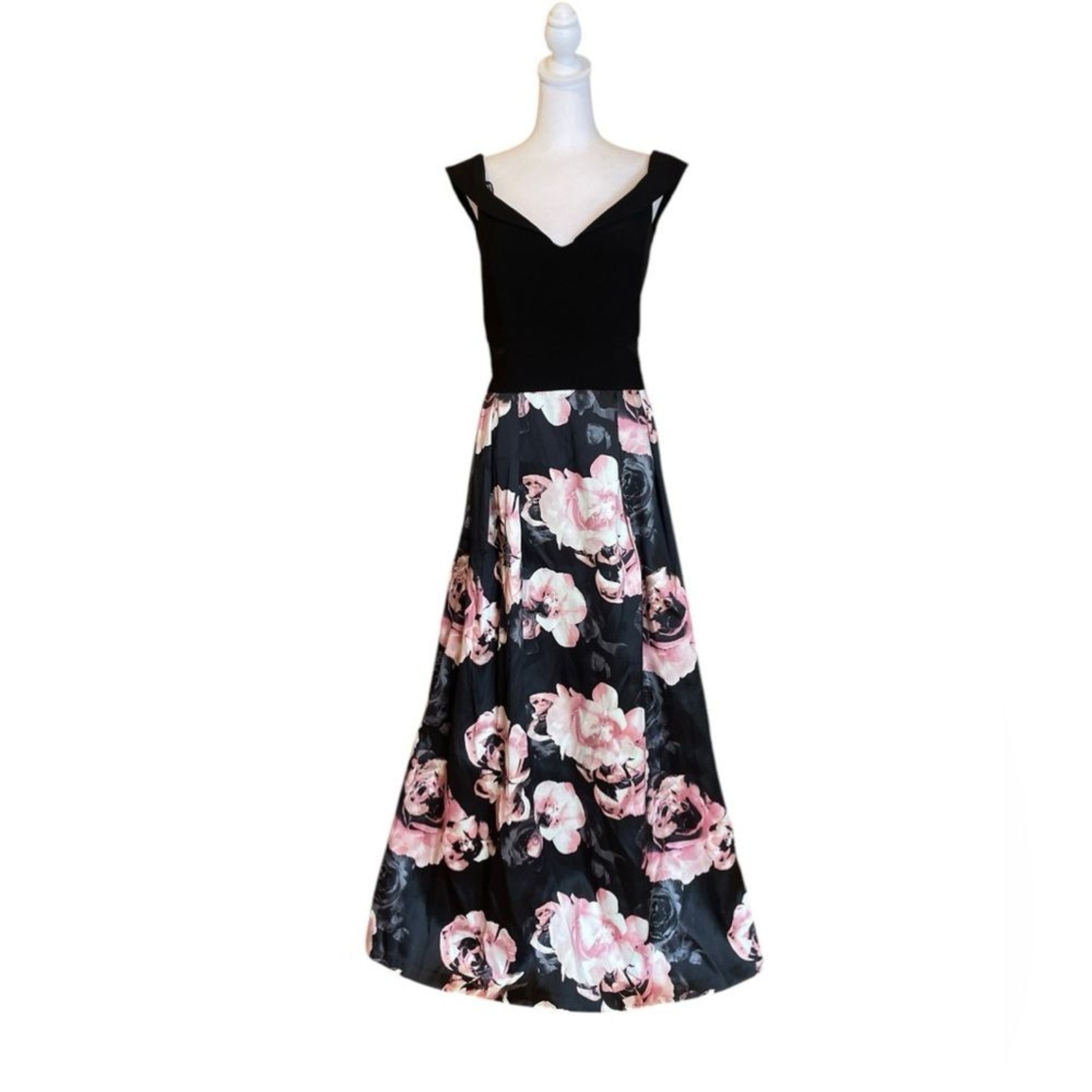 Xscape Off Shoulder Gown Black Pink Illusion Floral Print A Line Womens Size 22