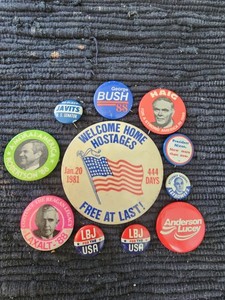 Political Election Campaign Pinback Button Lot 11 Vintage Pins Iran LBJ Bush