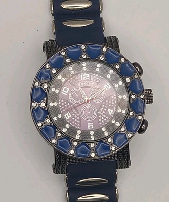 SANTINI 58mm Black Case Blue Gemmed Bezel Quartz Watch Silicone Band New Battery