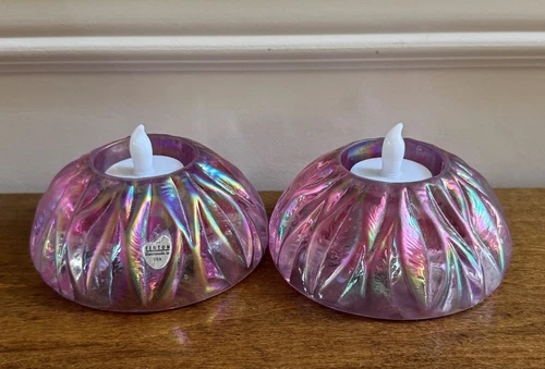 2 VINTAGE 1980'S FENTON ART GLASS PINK IRIDESCENT VOTIVE CANDLE HOLDERS