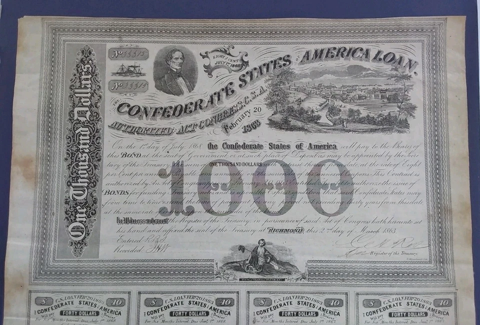 1863 Confederate States of America $1000 Bond with 7 Coupons Sotherbys London - Image 3 of 4