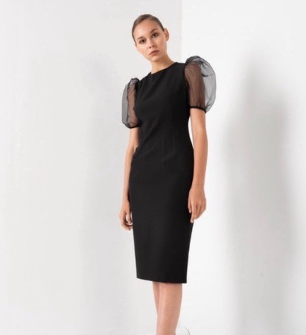 NWT Jonathan Simkhai Women's Midi Black Dress Sheer Puff Sleeves Size 0