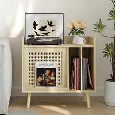 Record Player Stand with Vinyl Storage, Record Player Table with Rattan Cabinet