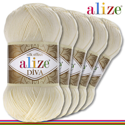 Alize 5 x 100 g Diva Wolle Garn Silk-Effekt Weich Häkeln Stricken 64 Farben