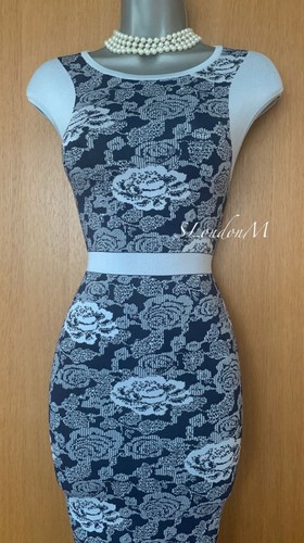 Karen Millen marineblau Blumendruck sizilianisch Strick Cocktail Bodycon Kleid KM-1 UK-8 - Bild 3 von 9
