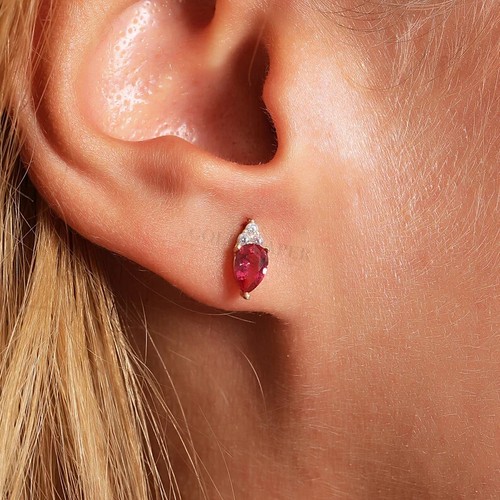 2.3 Ct Pear Simulated Pink Sapphire Dainty Stud Earrings 14k Yellow Gold Plated - Picture 2 of 4