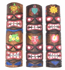 3 Tiki Totem Maschere 50cm Parete Hawaii Maui Fiori da