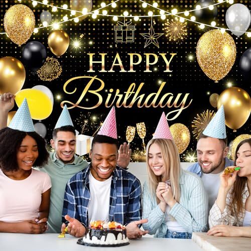 Happy Birthday Banner - Birthday Decorations for Men Women Black black gold - Picture 4 of 7