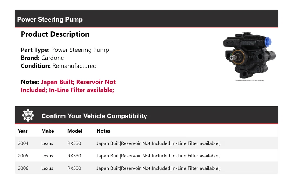 Bomba de dirección asistida Cardone 2005 para Lexus RX330 2004-2006 Foto 2 de 4