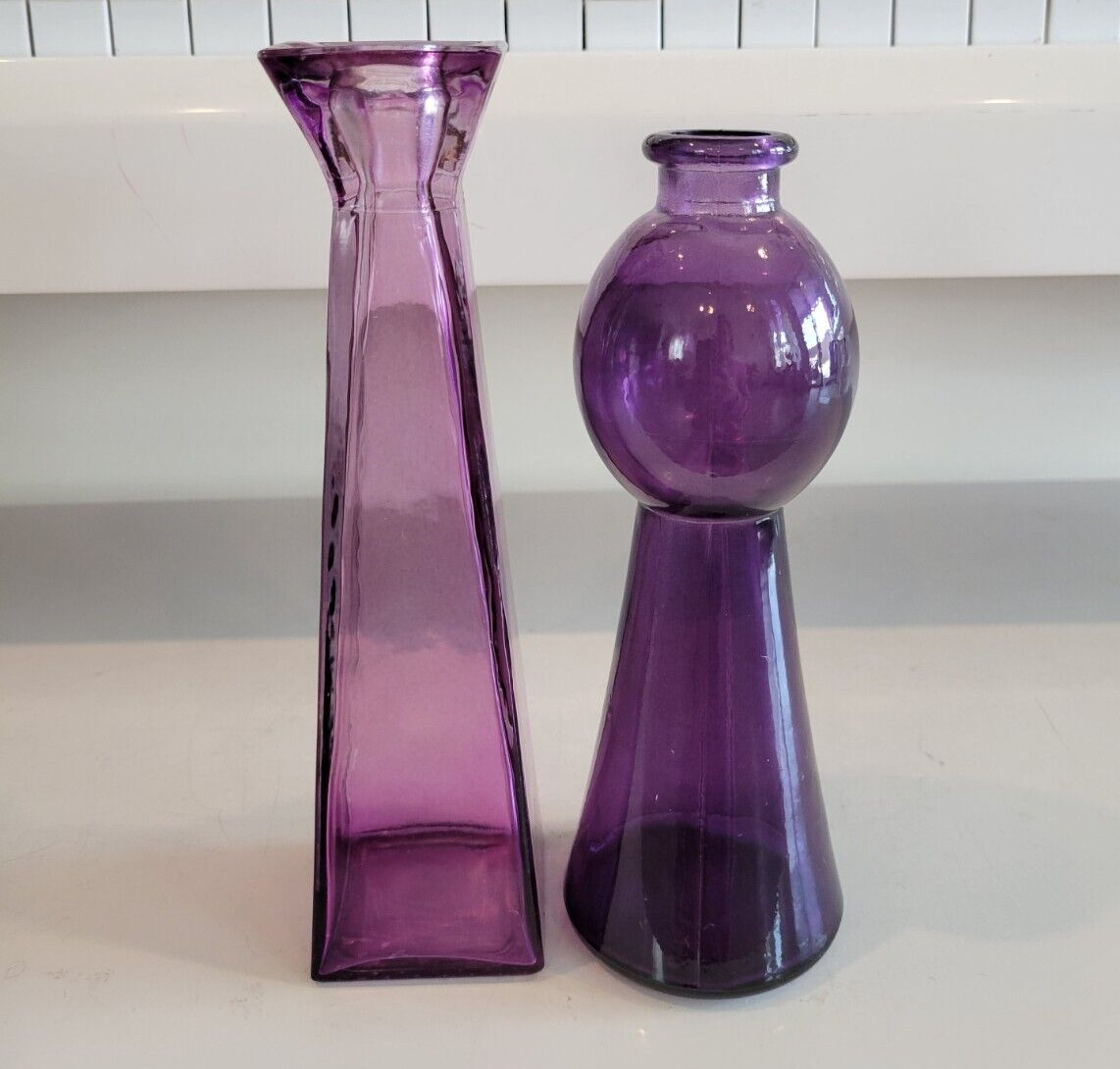 2 IKEA DECORATIVE BOTTLES VASES 1 ROUND DEEP PURPLE AND 1 SQUARE LILAC