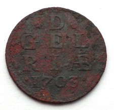 NETHERLANDS GELDERLAND 1 DUIT 1703 KM#75 Red-Brown Patina. GG5.3