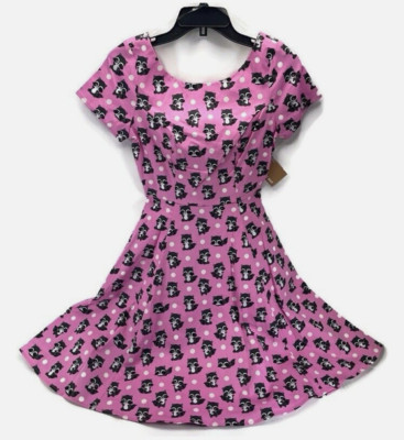 Attic Salt Retro Racoon Pink Dress, Pockets Fit & Flare Stretch Cotton Sz Medium