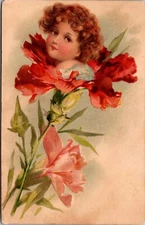 Postcard Young Childs Face Inside Carnation Flower