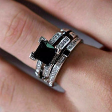 3CT Princess Cut Lab-Created Black Diamond Bridal Set Ring 14K White Gold Plated