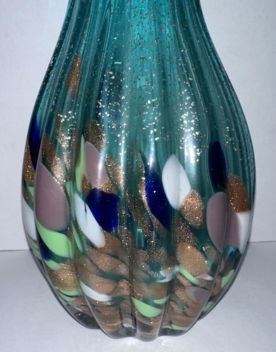 Vintage Krosno mundgeblasenes Glas Jack in Kanzel Glitzer türkis blau-grün große 13" Vase - Bild 9 von 15